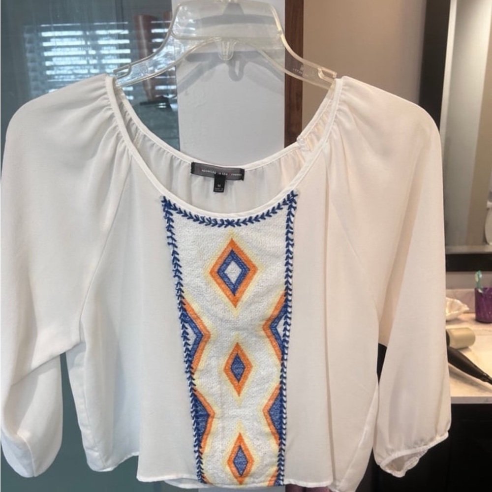 Happening in the Present White Blouse with Blue and Orange Embroidery. Size Med